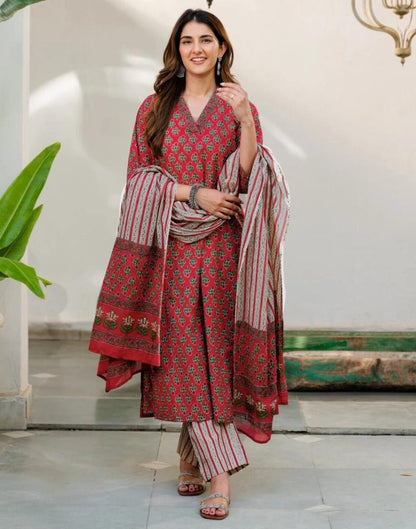 Red Printed Rayon A-Line Kurta Set with Dupatta