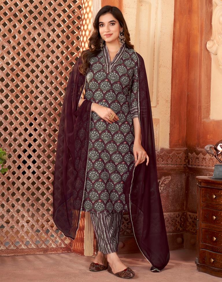 Wine Rayon Printed Straight Kurta Set