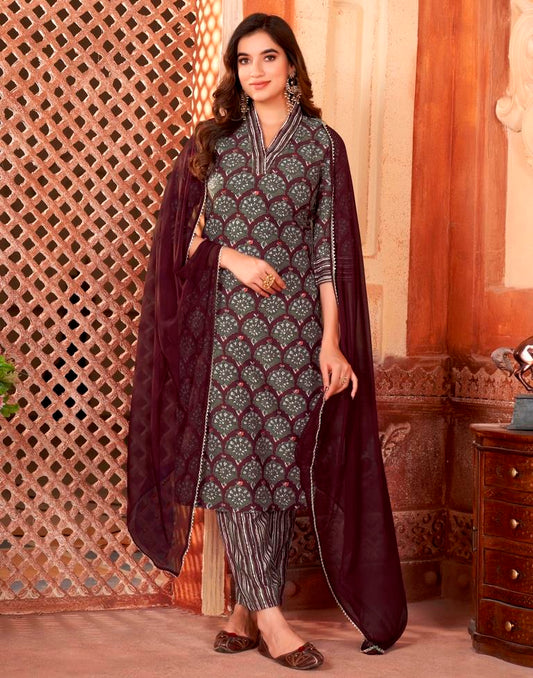 Wine Rayon Printed Straight Kurta Set