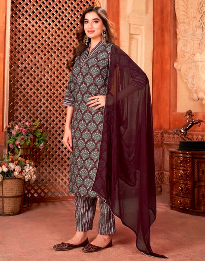 Wine Rayon Printed Straight Kurta Set