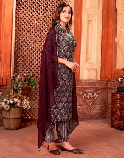 Wine Rayon Printed Straight Kurta Set