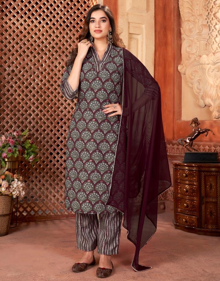 Wine Rayon Printed Straight Kurta Set