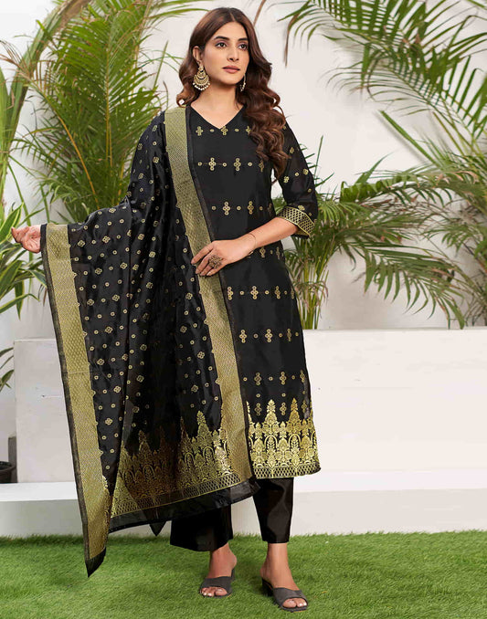 Black Woven Silk Straight Kurta With Pant And Dupatta