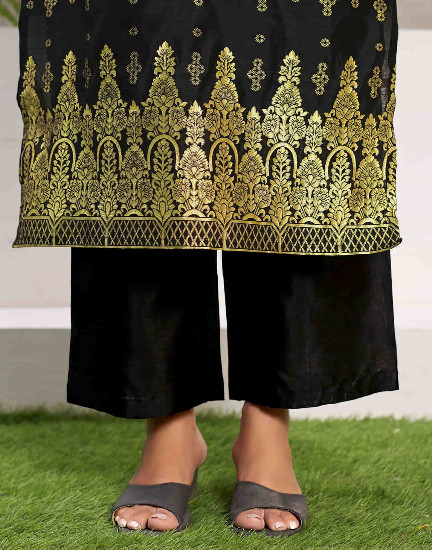 Black Woven Silk Straight Kurta With Pant And Dupatta