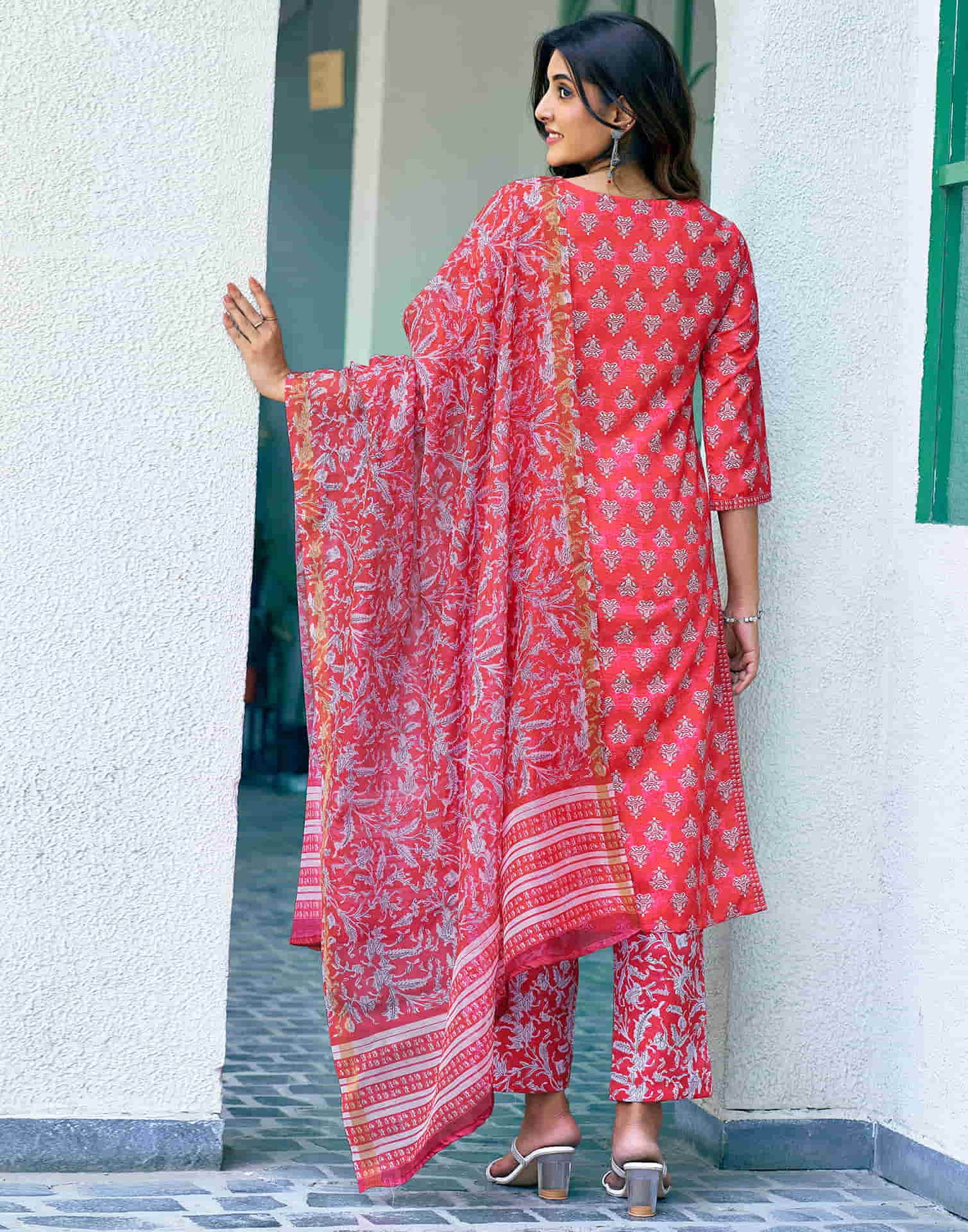 Coral Red Printed Rayon Straight Kurta With Pant And Dupatta