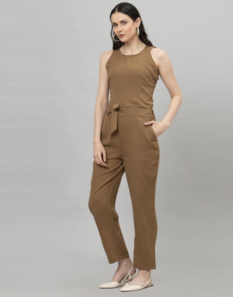 Peanut Brown Coloured Plain Poly Rayon Jumpsuit | Leemboodi