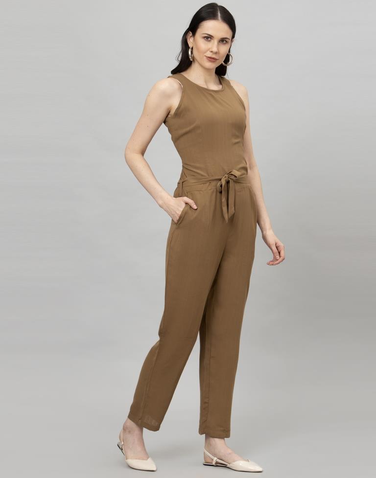 Peanut Brown Coloured Plain Poly Rayon Jumpsuit | Leemboodi