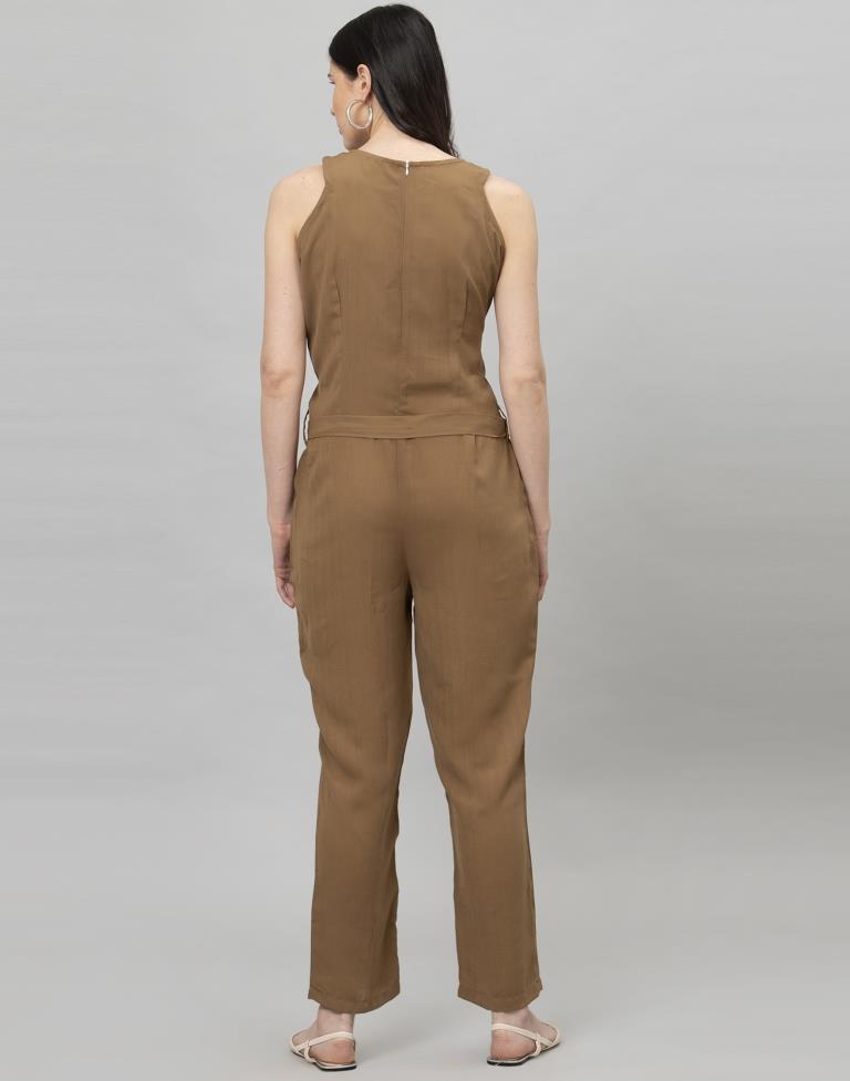 Peanut Brown Coloured Plain Poly Rayon Jumpsuit | Leemboodi