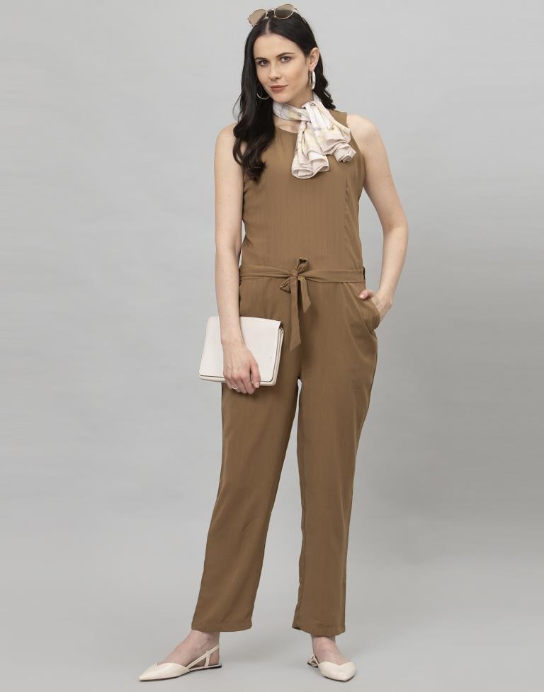 Peanut Brown Coloured Plain Poly Rayon Jumpsuit | Leemboodi