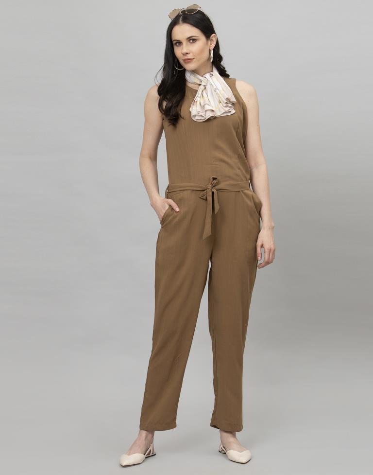 Peanut Brown Coloured Plain Poly Rayon Jumpsuit | Leemboodi