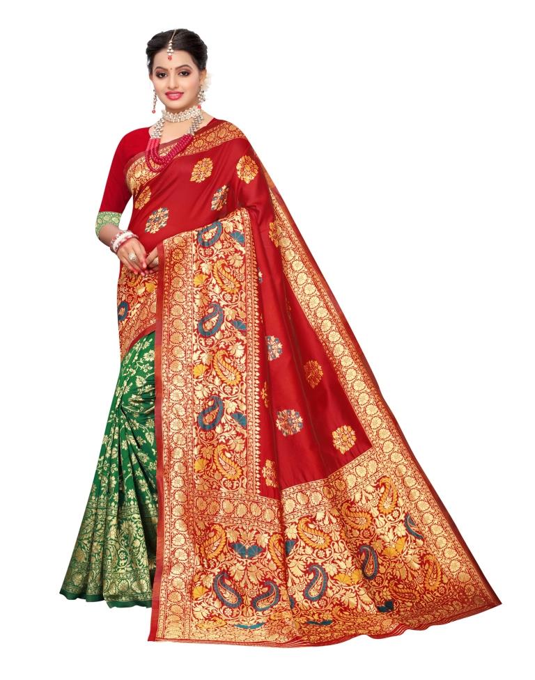 Red Coloured Poly Silk Banarasi Jacquard Partywear saree | Leemboodi