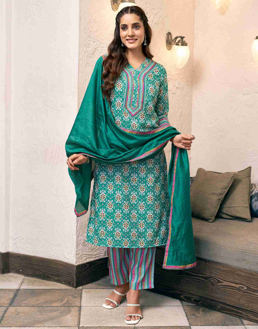 Green Rayon Printed Kurta Set With Dupatta