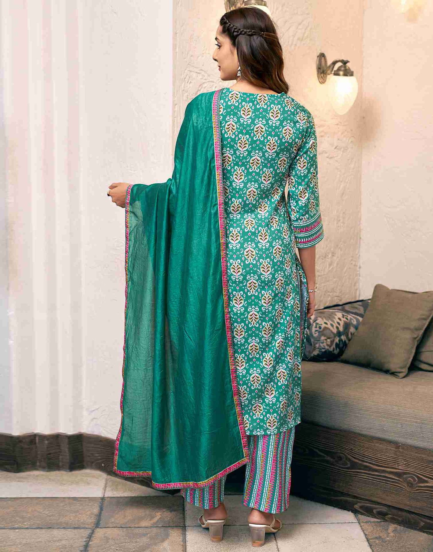 Green Rayon Printed Kurta Set With Dupatta