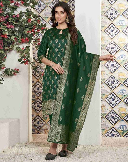 Dark Green Woven Silk Straight Kurta Set With Dupatta