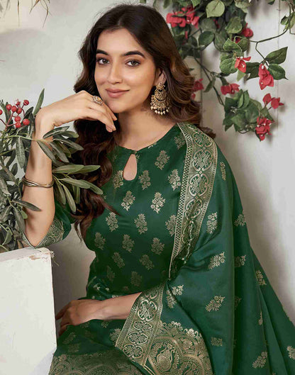 Dark Green Woven Silk Straight Kurta Set With Dupatta