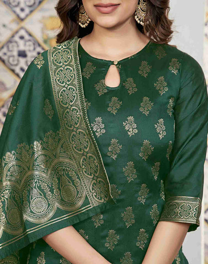 Dark Green Woven Silk Straight Kurta Set With Dupatta