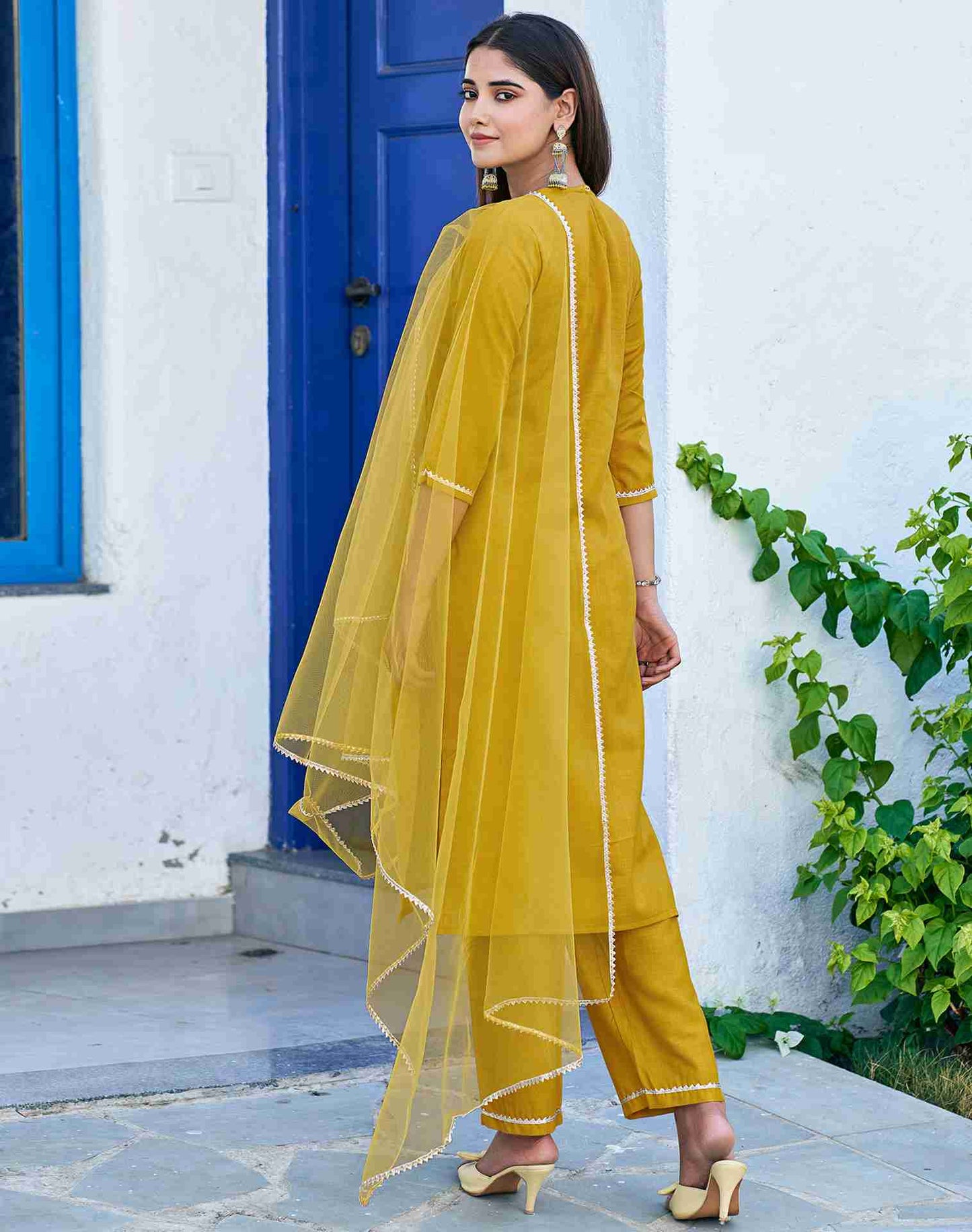 Yellow Cotton Embroidery Straight Kurta Set