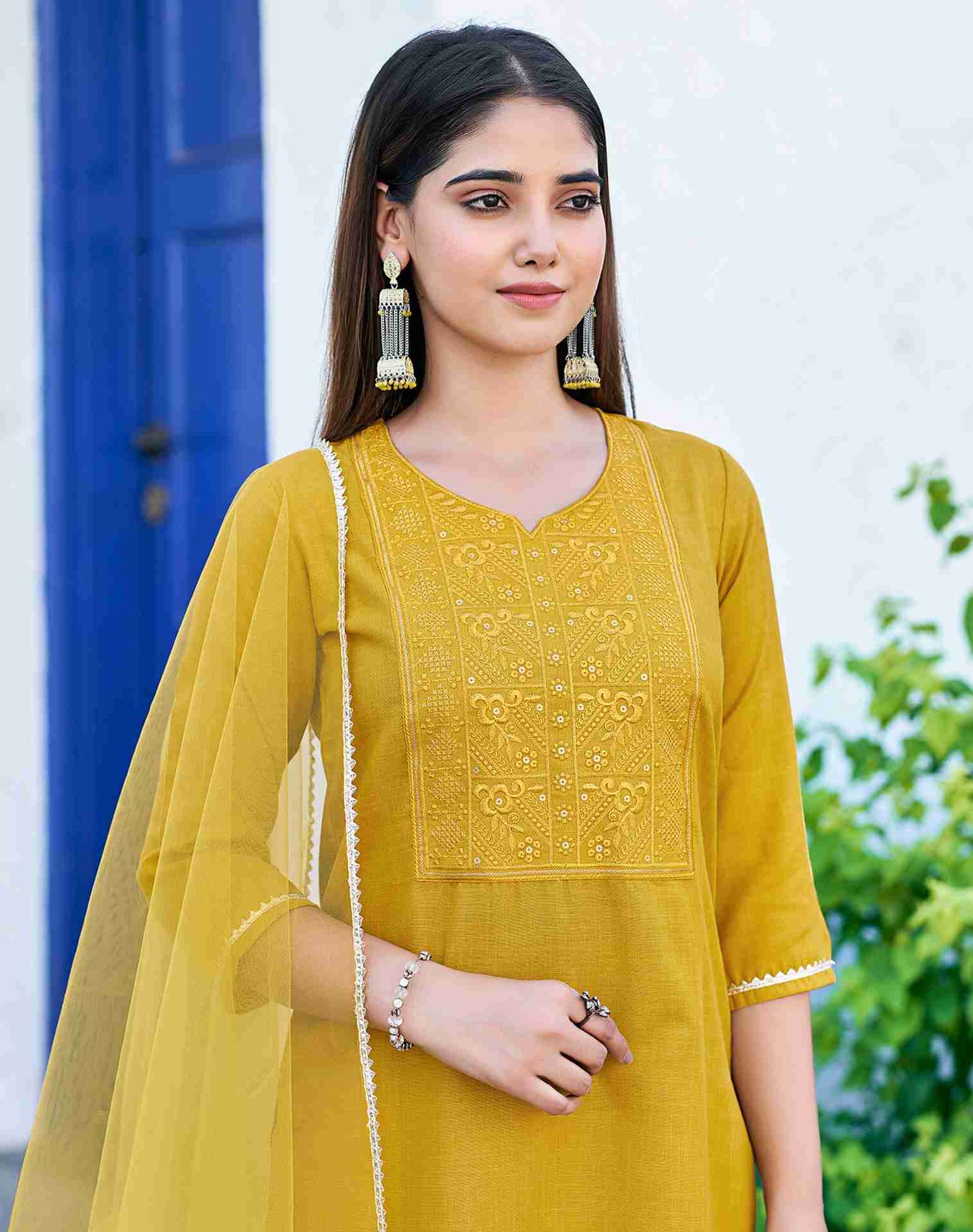 Yellow Cotton Embroidery Straight Kurta Set