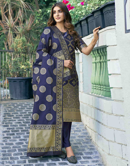 Navy Blue Woven Silk Straight Kurta With Pant And Dupatta