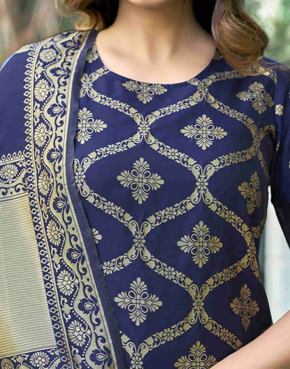 Navy Blue Woven Silk Straight Kurta With Pant And Dupatta