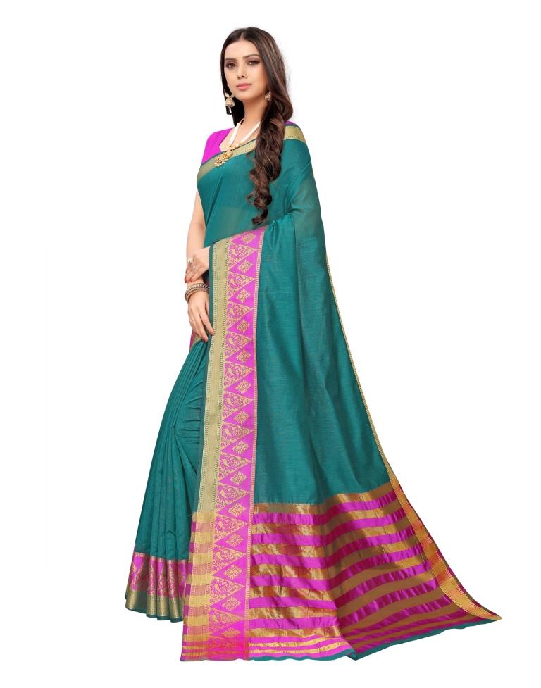 Turquoise Coloured Cotton Silk Jacqurad Partywear saree | Leemboodi