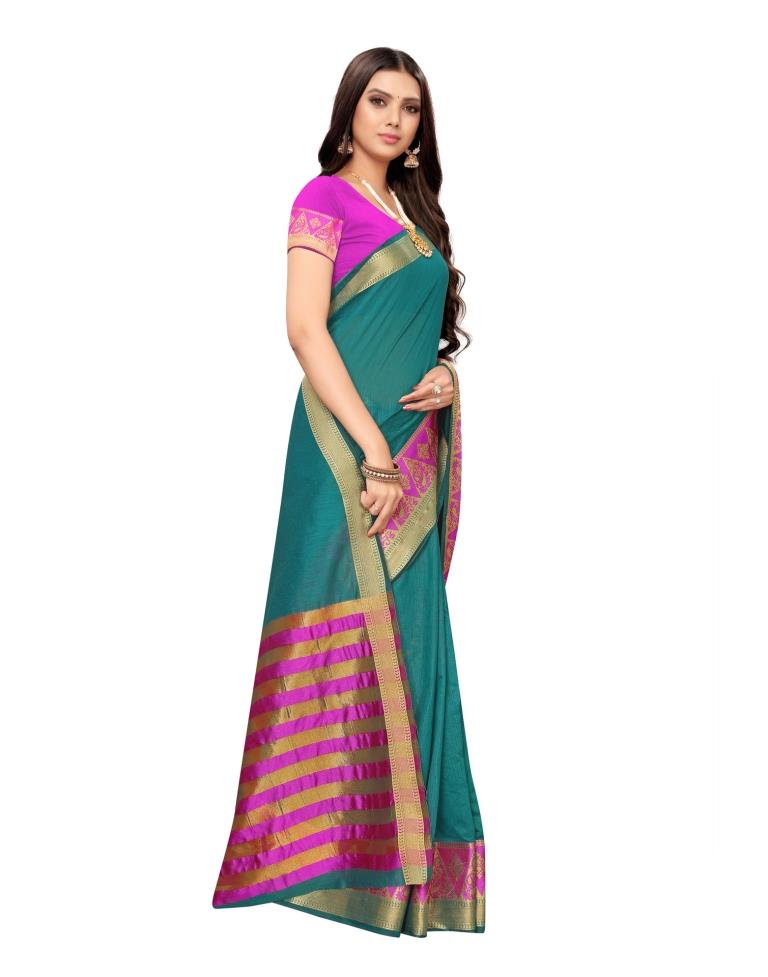 Turquoise Coloured Cotton Silk Jacqurad Partywear saree | Leemboodi