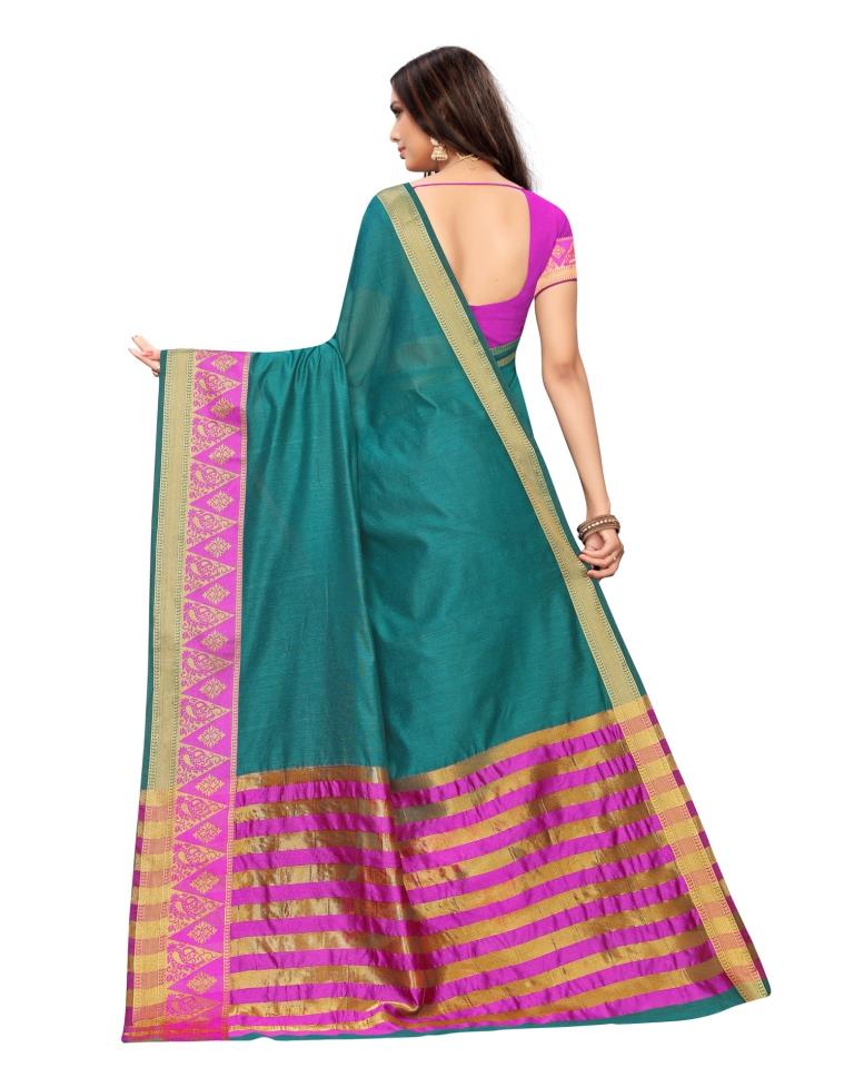 Turquoise Coloured Cotton Silk Jacqurad Partywear saree | Leemboodi