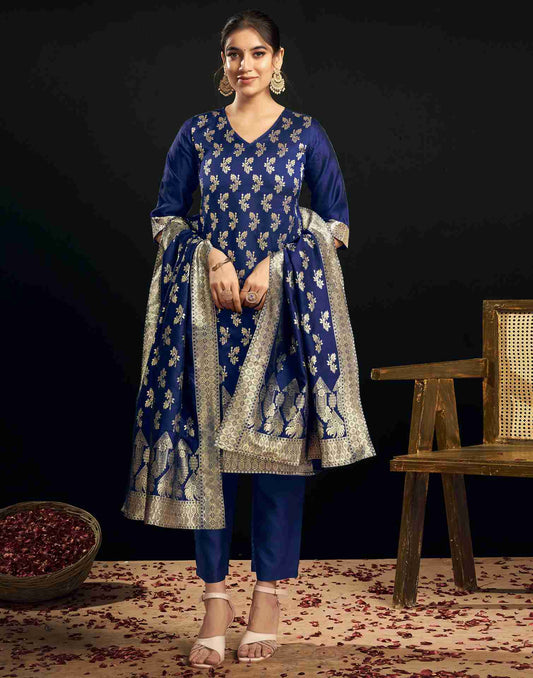 Navy Blue Silk Woven Straight Kurta Set With Dupatta