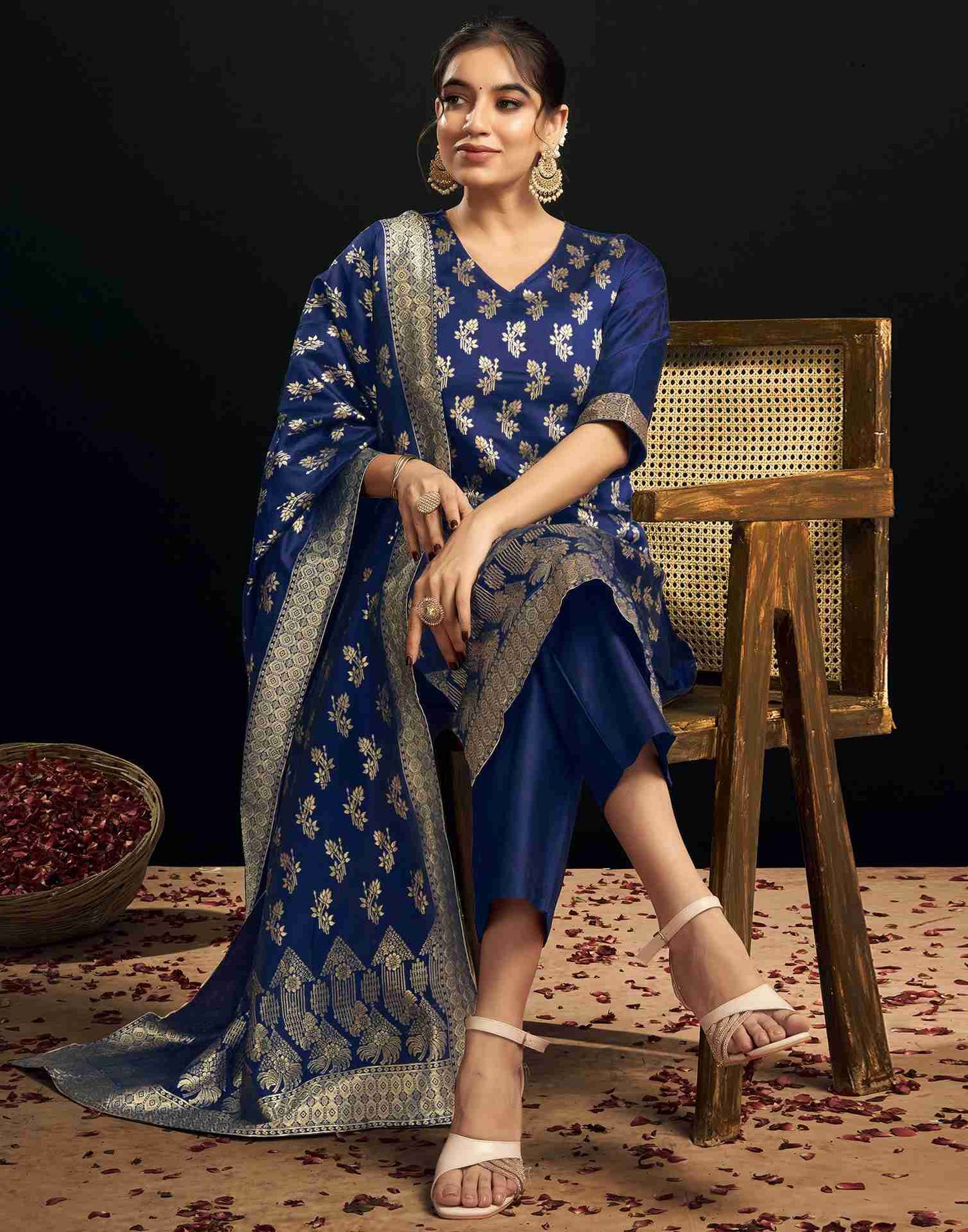 Navy Blue Silk Woven Straight Kurta Set With Dupatta