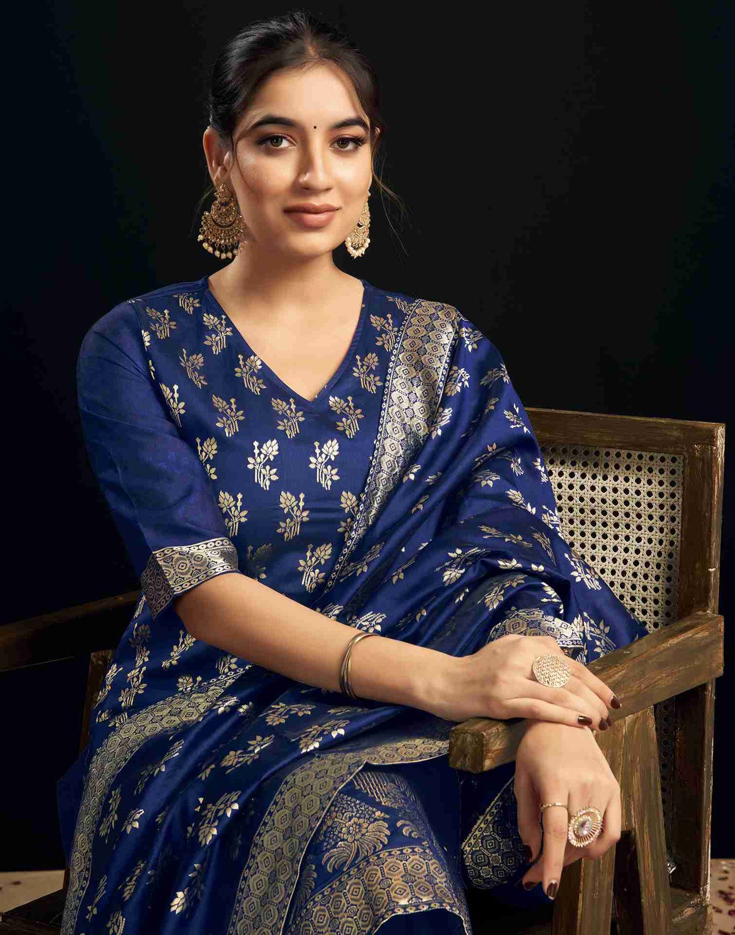 Navy Blue Silk Woven Straight Kurta Set With Dupatta