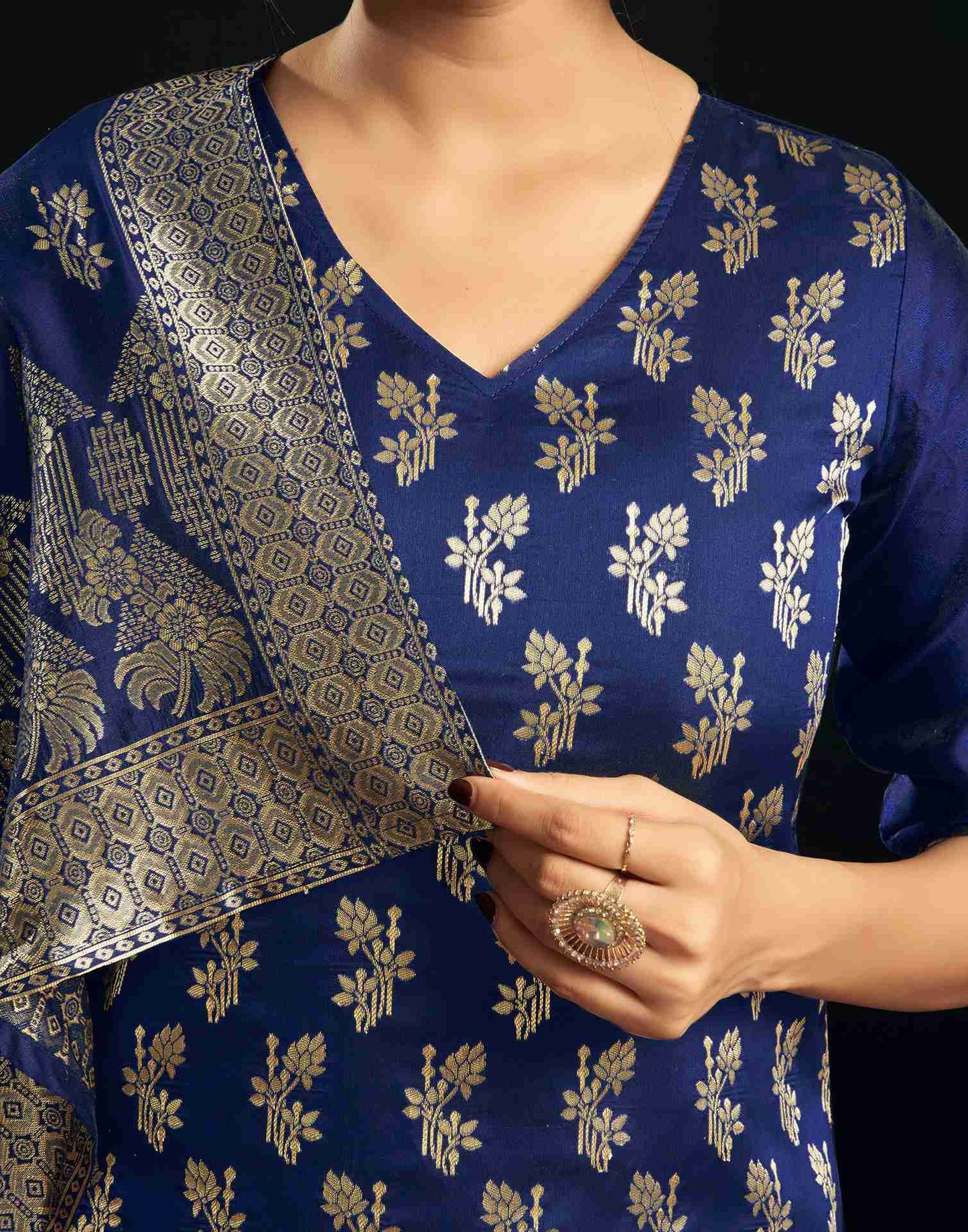 Navy Blue Silk Woven Straight Kurta Set With Dupatta