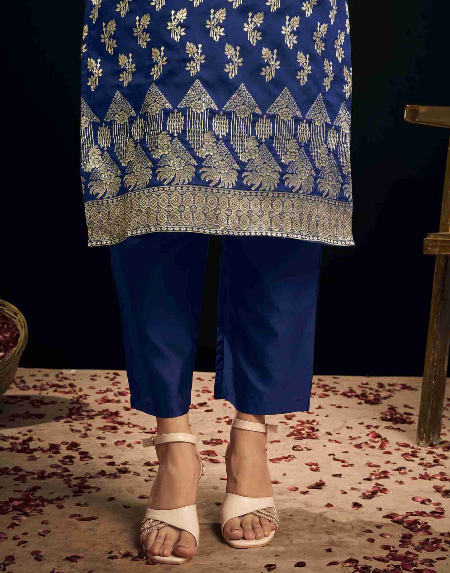 Navy Blue Silk Woven Straight Kurta Set With Dupatta