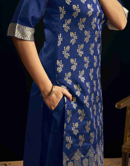 Navy Blue Silk Woven Straight Kurta Set With Dupatta