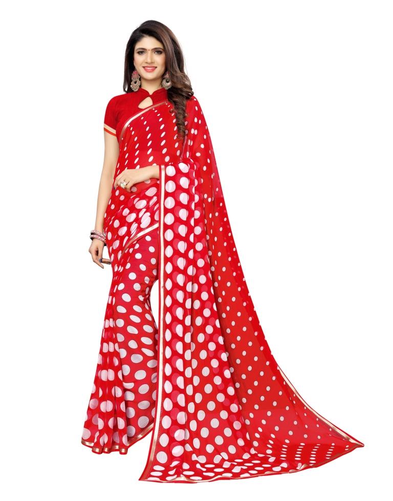 Red Coloured Leheriya Printed Chiffon Saree | Sudathi