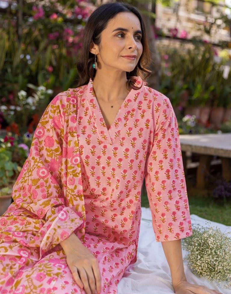 Light Pink Rayon Printed Straight Kurta Set