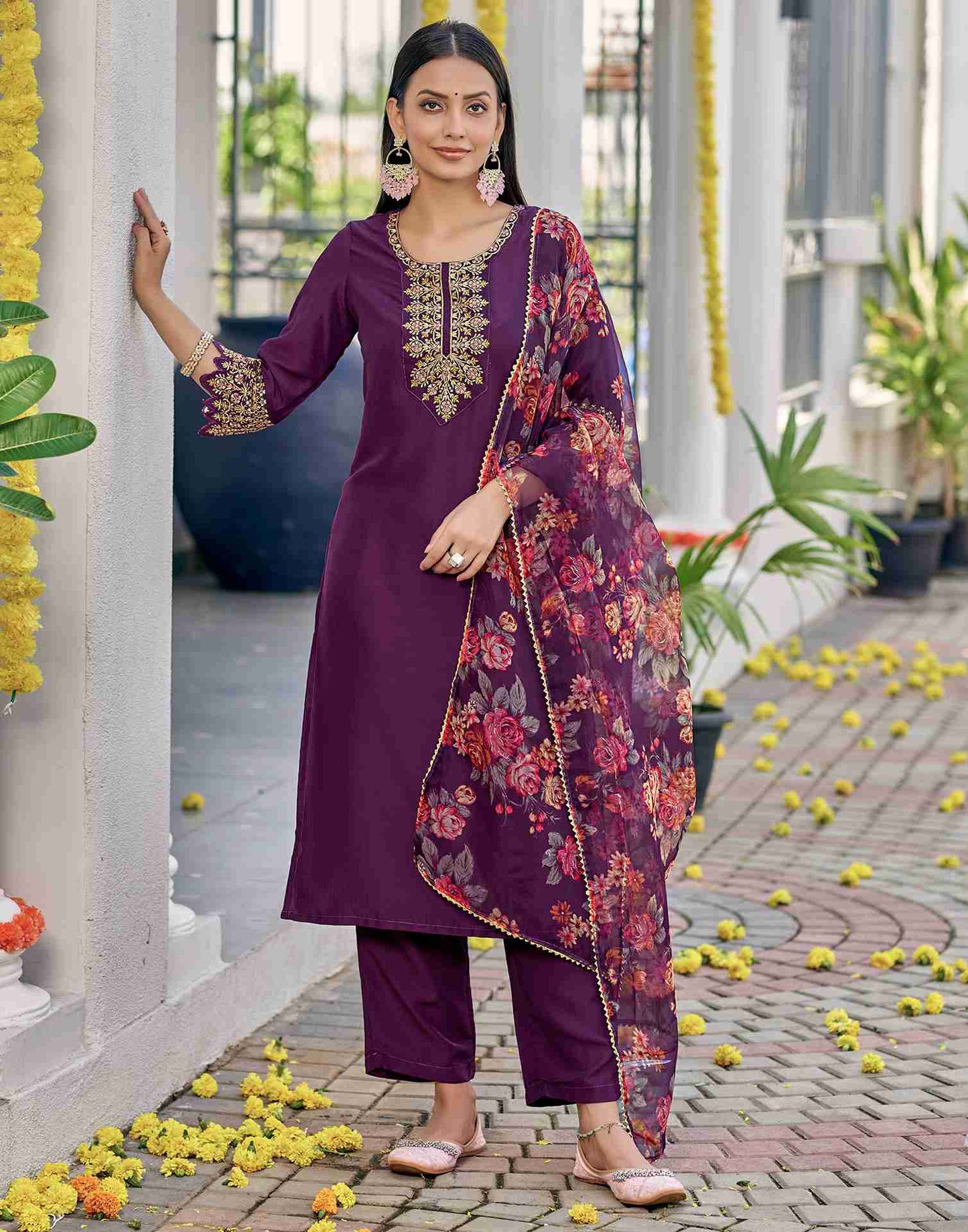 Wine Embroidery Chinnon Straight Kurta Set With Dupatta