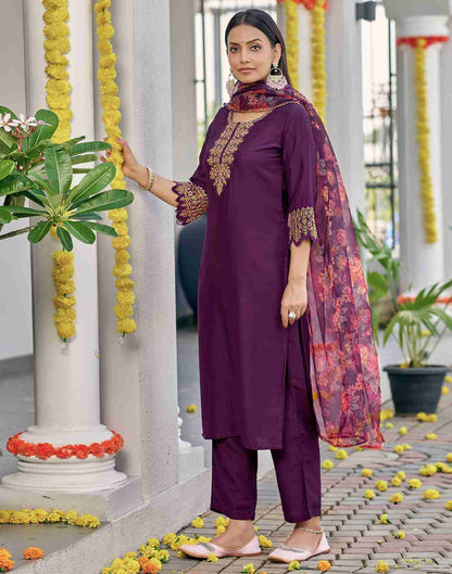 Wine Embroidery Chinnon Straight Kurta Set With Dupatta