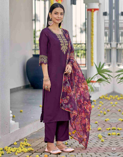 Wine Embroidery Chinnon Straight Kurta Set With Dupatta