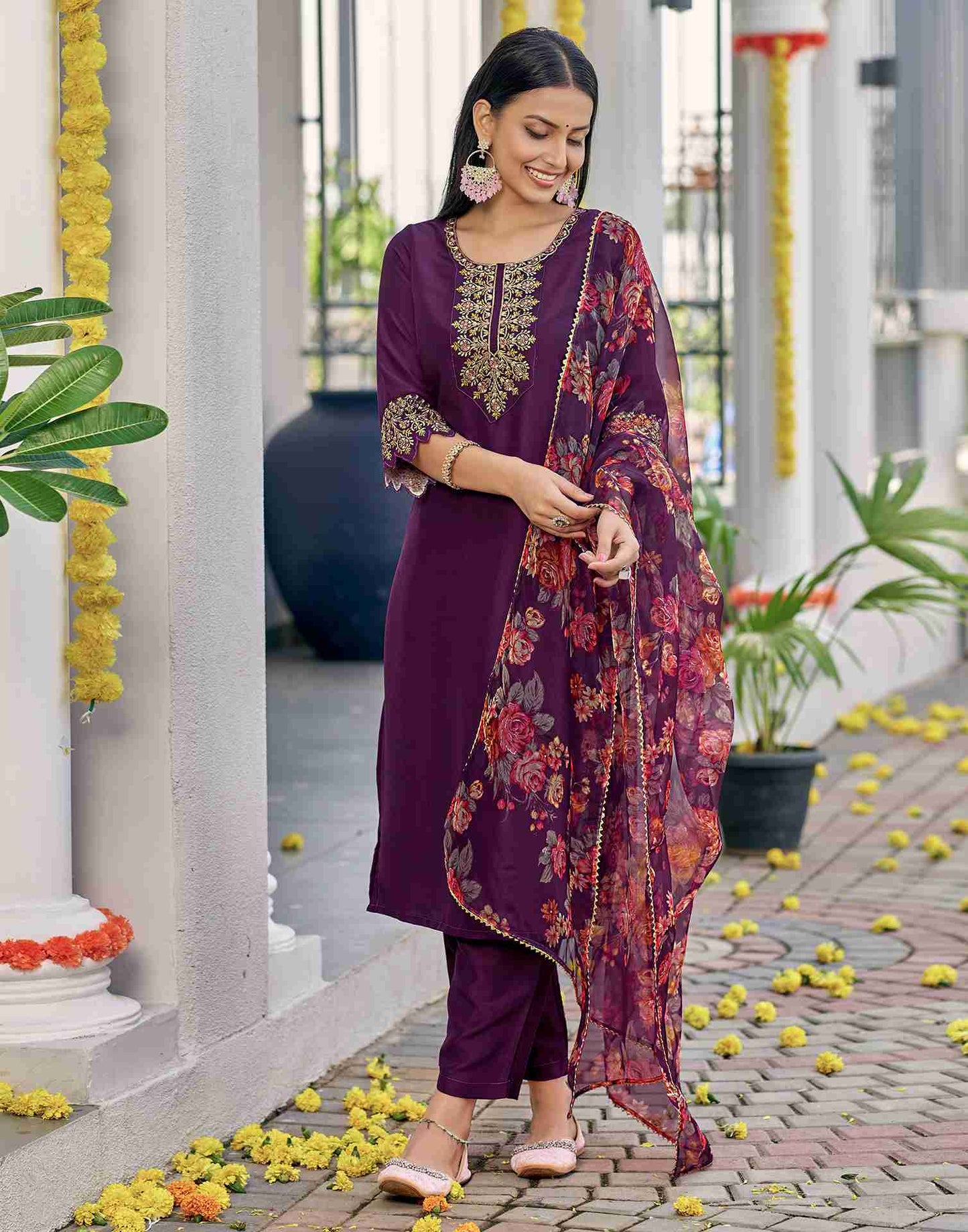 Wine Embroidery Chinnon Straight Kurta Set With Dupatta