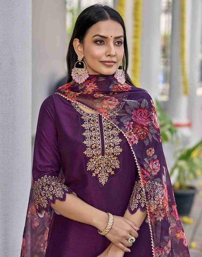 Wine Embroidery Chinnon Straight Kurta Set With Dupatta