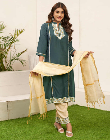 Hunter Green Embroidery Chinnon Straight Kurta With Pant And Dupatta