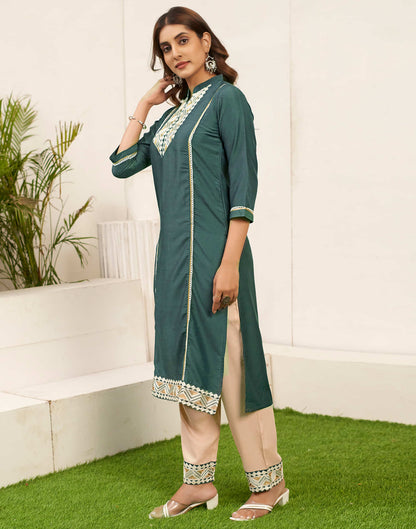 Hunter Green Embroidery Chinnon Straight Kurta With Pant And Dupatta