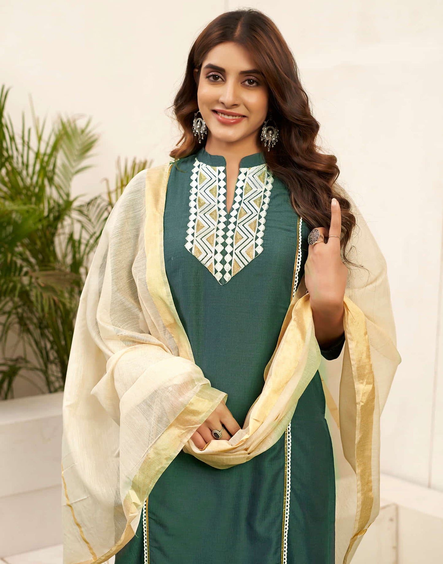 Hunter Green Embroidery Chinnon Straight Kurta With Pant And Dupatta