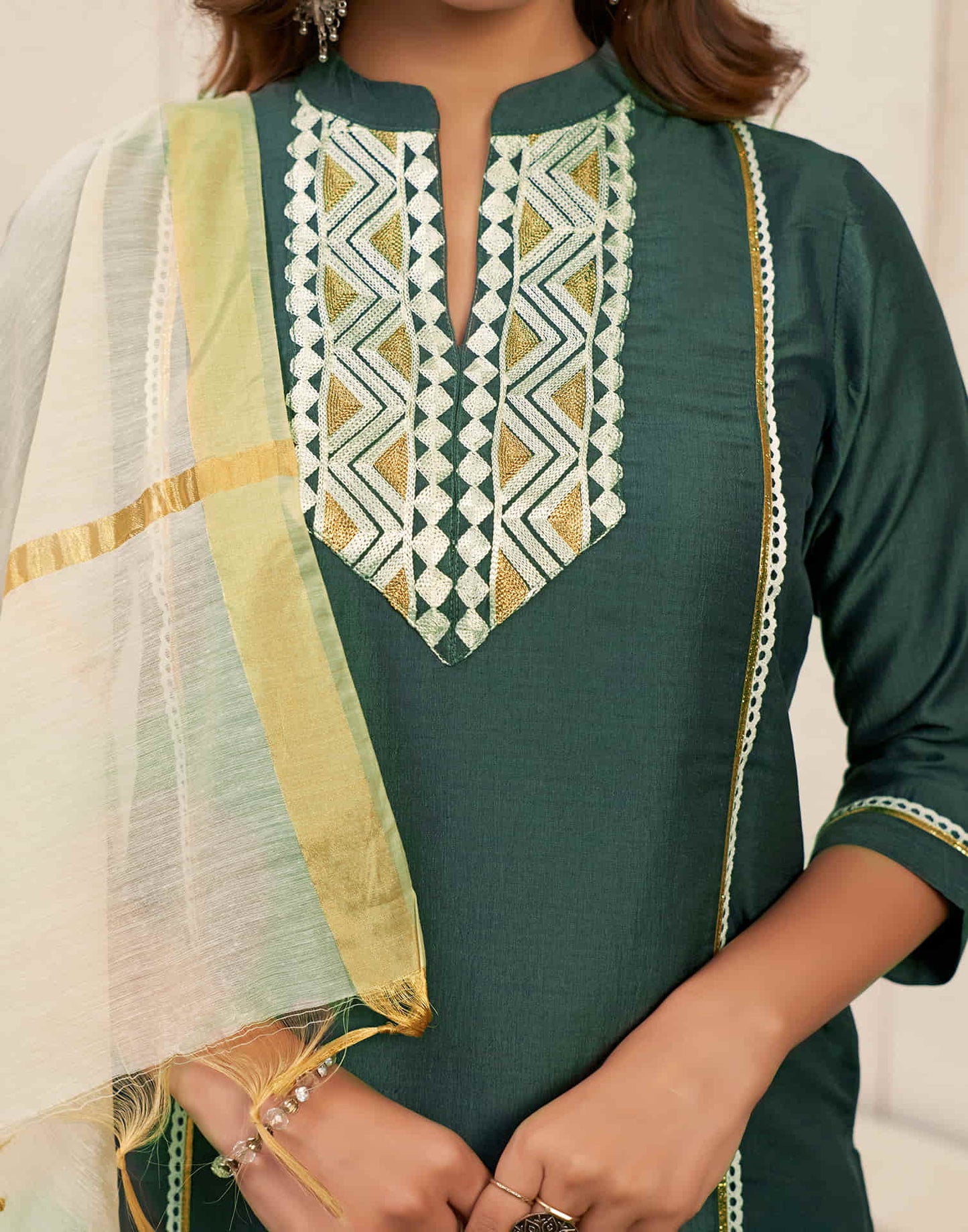 Hunter Green Embroidery Chinnon Straight Kurta With Pant And Dupatta