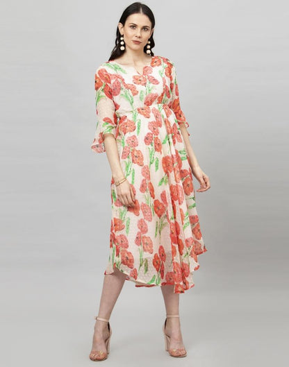 Off White Coloured Printed Chiffon Dress | Sudathi