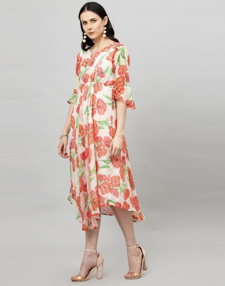 Off White Coloured Printed Chiffon Dress | Sudathi