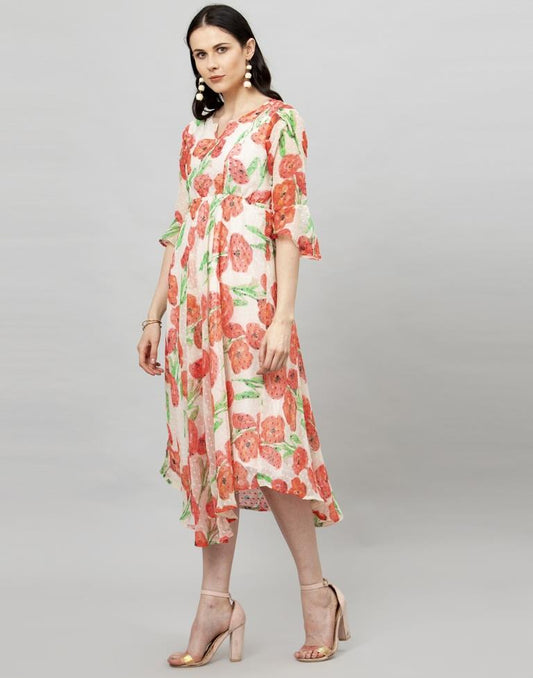 Off White Coloured Printed Chiffon Dress | Sudathi