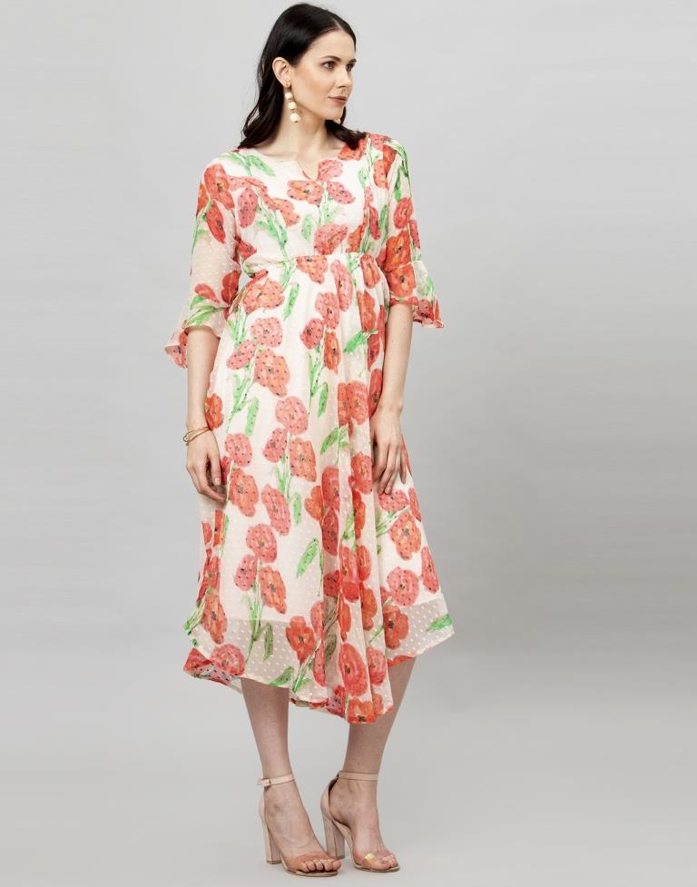 Off White Coloured Printed Chiffon Dress | Sudathi
