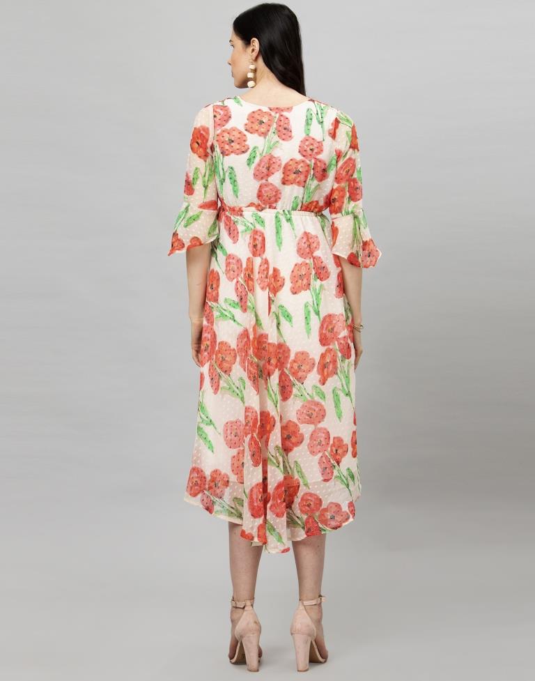 Off White Coloured Printed Chiffon Dress | Sudathi