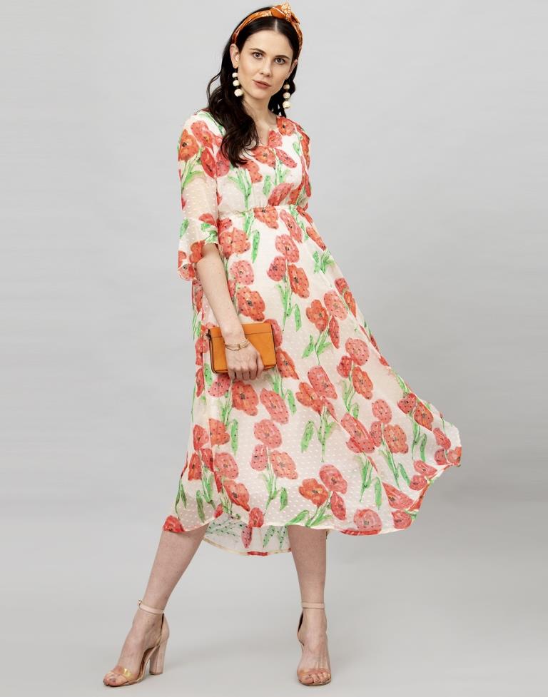 Off White Coloured Printed Chiffon Dress | Sudathi